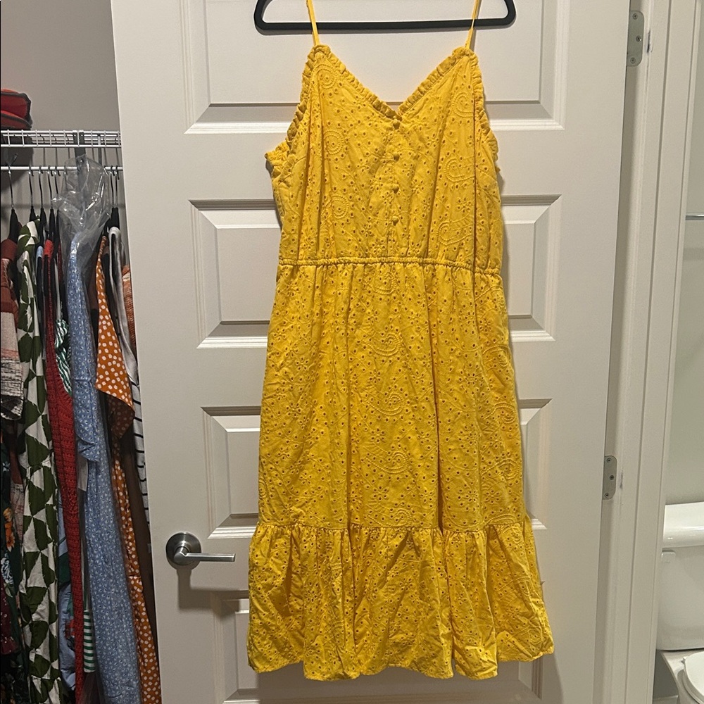 Time and Tru Yellow Eyelet Tiered Midi Dress